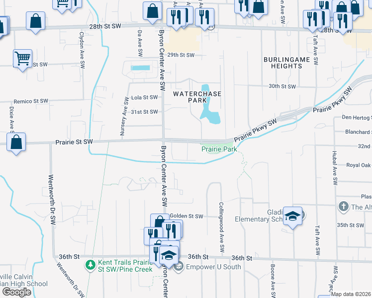 map of restaurants, bars, coffee shops, grocery stores, and more near 2334 Prairie Parkway Southwest in Wyoming