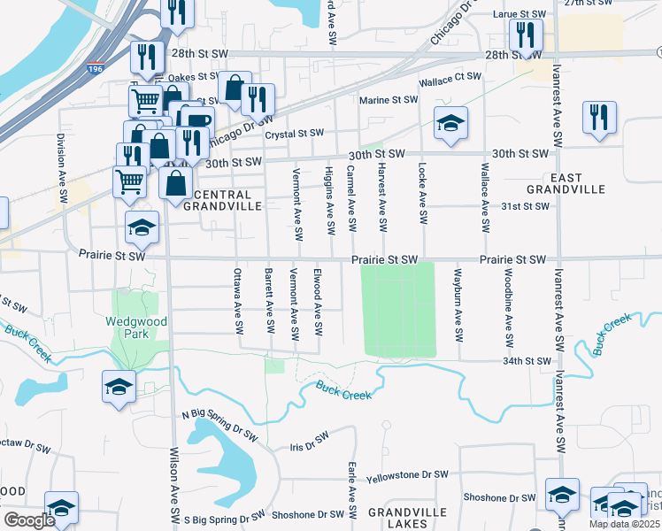 map of restaurants, bars, coffee shops, grocery stores, and more near 3672 Prairie Street Southwest in Grandville