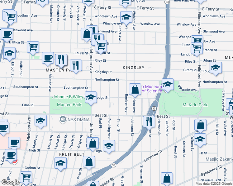 map of restaurants, bars, coffee shops, grocery stores, and more near 210 Timon Street in Buffalo