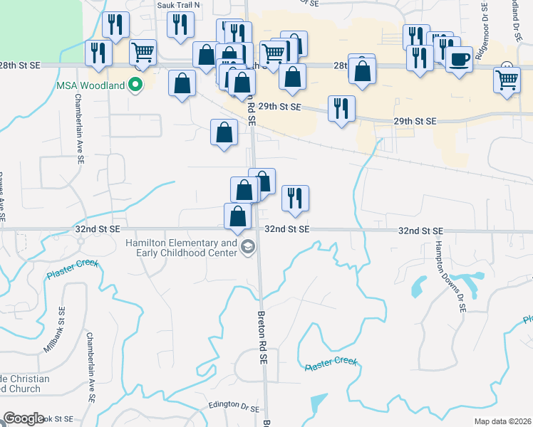 map of restaurants, bars, coffee shops, grocery stores, and more near 3160 Breton Road Southeast in Grand Rapids