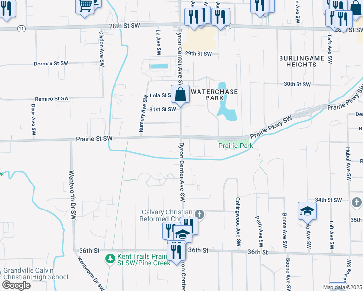 map of restaurants, bars, coffee shops, grocery stores, and more near Byron Center Avenue Southwest in Grand Rapids