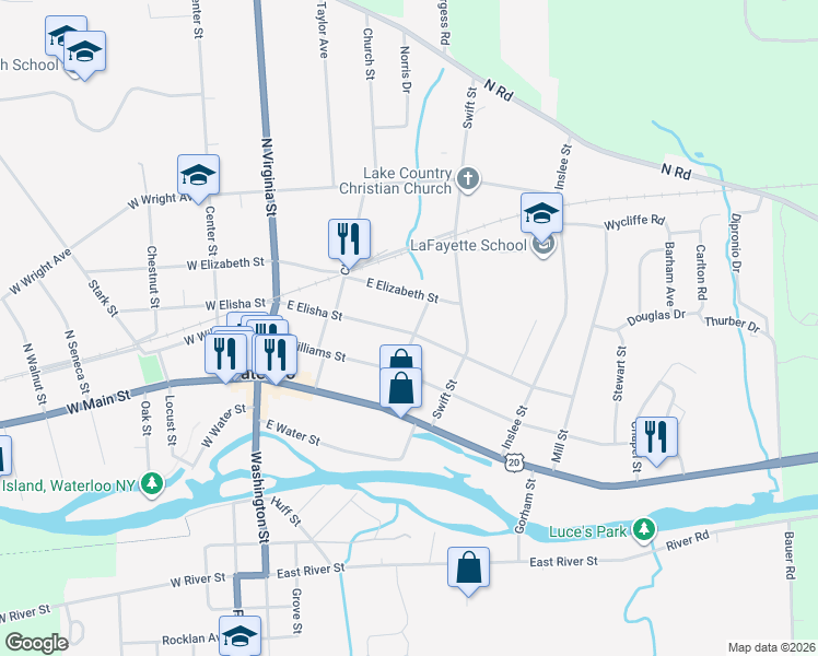 map of restaurants, bars, coffee shops, grocery stores, and more near 129 East Elisha Street in Waterloo