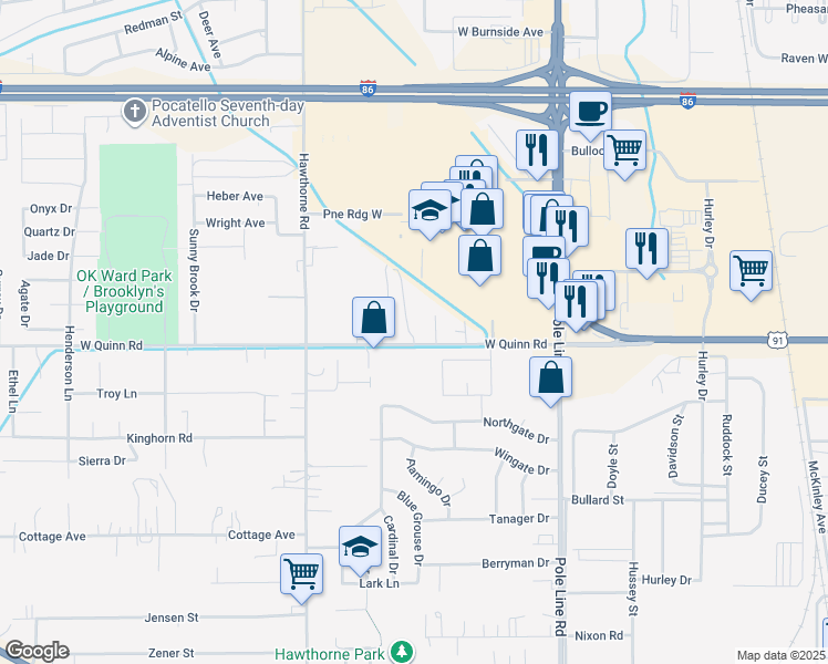 map of restaurants, bars, coffee shops, grocery stores, and more near 1010 West Quinn Road in Pocatello