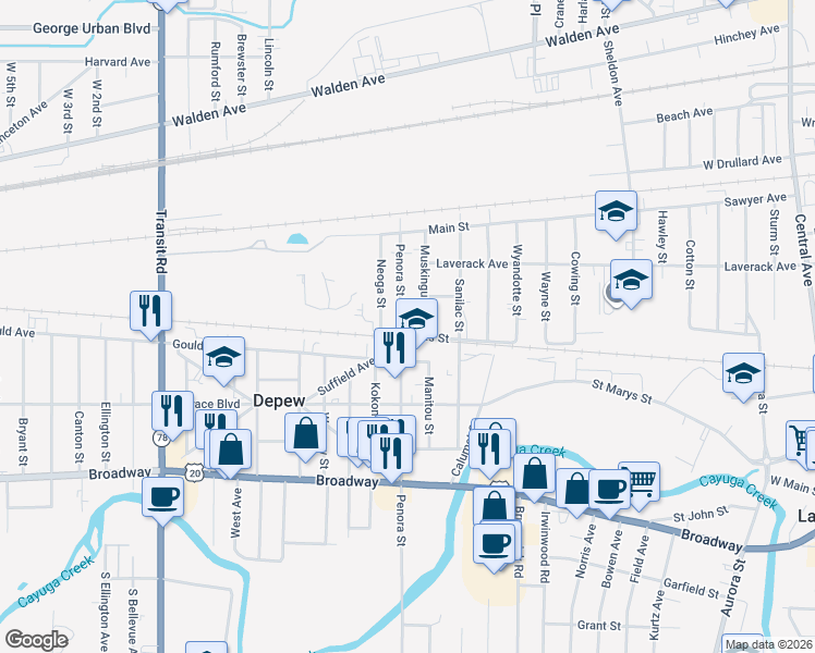 map of restaurants, bars, coffee shops, grocery stores, and more near 4 Muskingum Street in Depew