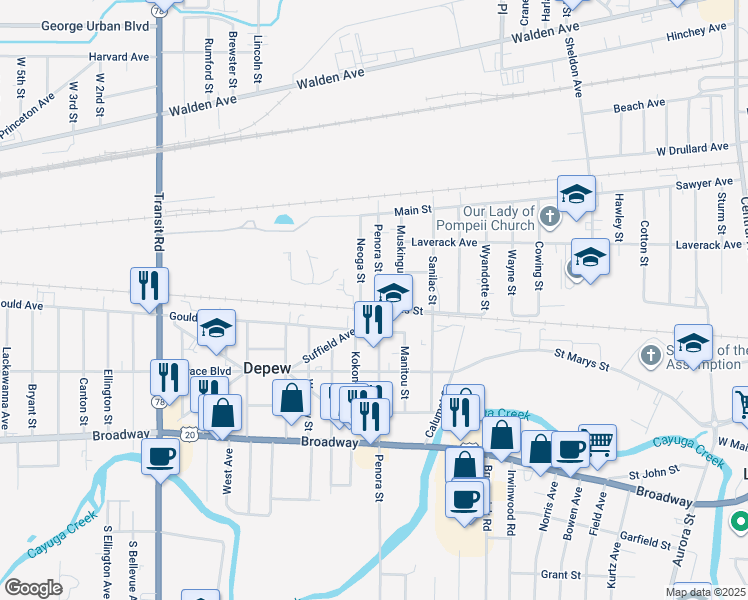 map of restaurants, bars, coffee shops, grocery stores, and more near 4 Muskingum Street in Depew