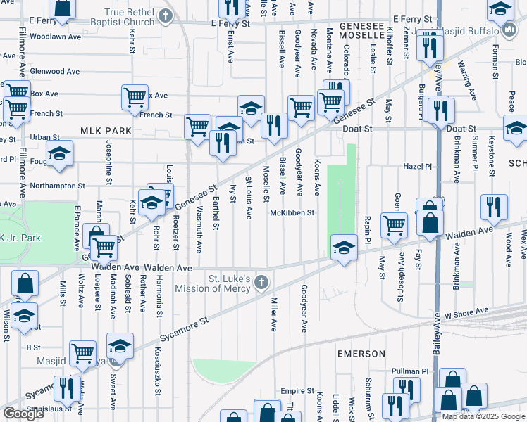 map of restaurants, bars, coffee shops, grocery stores, and more near 89 Saint Louis Avenue in Buffalo