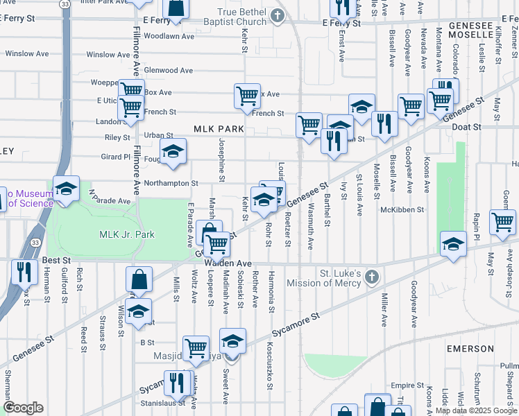 map of restaurants, bars, coffee shops, grocery stores, and more near 1320 Genesee Street in Buffalo