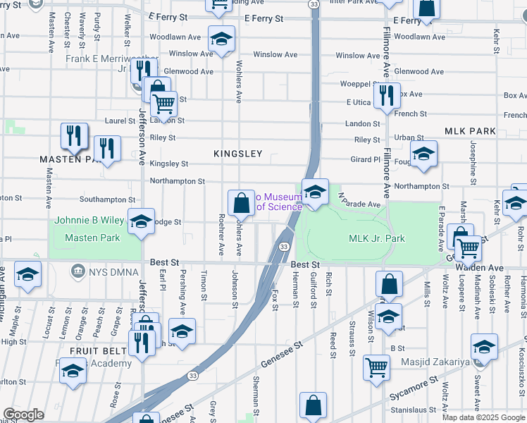 map of restaurants, bars, coffee shops, grocery stores, and more near 204 Dodge Street in Buffalo