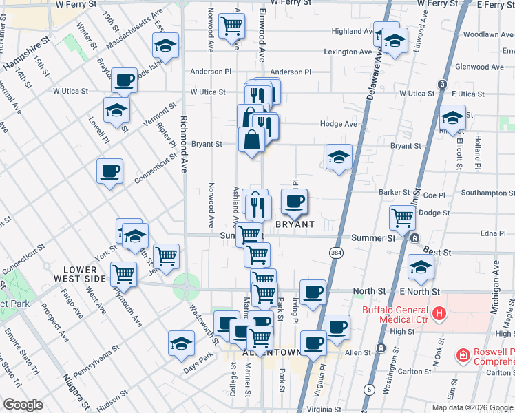 map of restaurants, bars, coffee shops, grocery stores, and more near 326 Elmwood Avenue in Buffalo