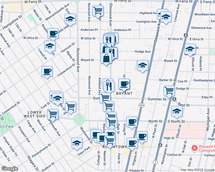 map of restaurants, bars, coffee shops, grocery stores, and more near 326 Elmwood Avenue in Buffalo