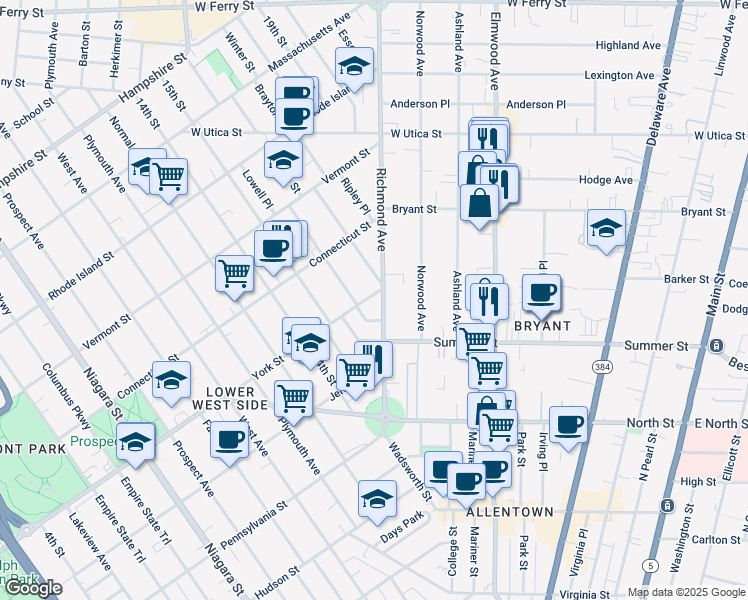 map of restaurants, bars, coffee shops, grocery stores, and more near 134 Richmond Avenue in Buffalo