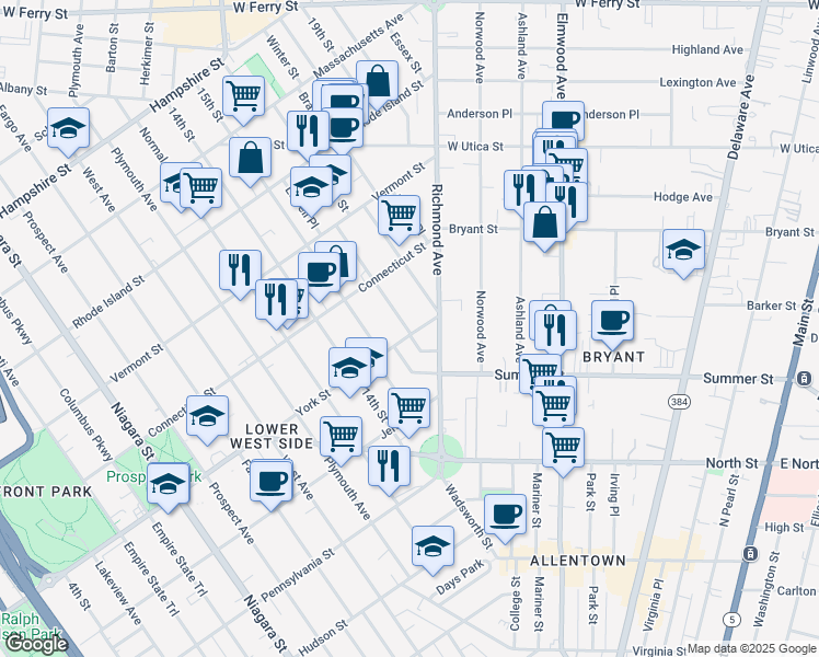 map of restaurants, bars, coffee shops, grocery stores, and more near 178 York Street in Buffalo