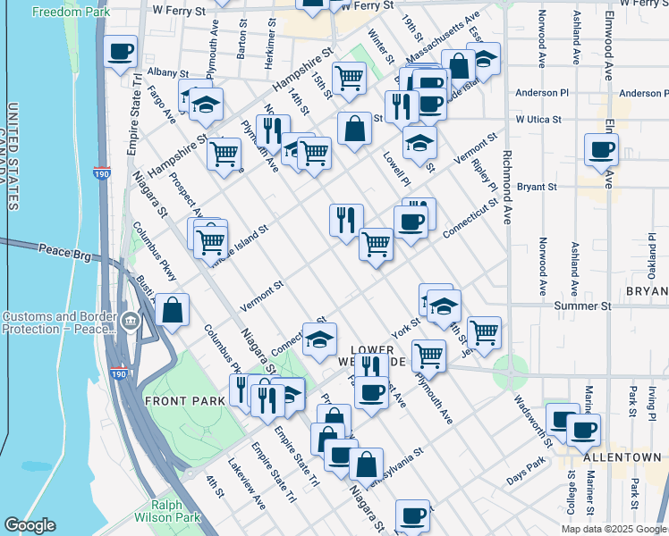 map of restaurants, bars, coffee shops, grocery stores, and more near 527 West Avenue in Buffalo