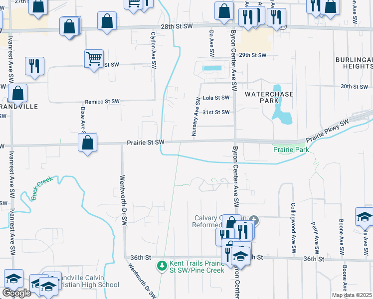 map of restaurants, bars, coffee shops, grocery stores, and more near 2630 Prairie Street Southwest in Wyoming