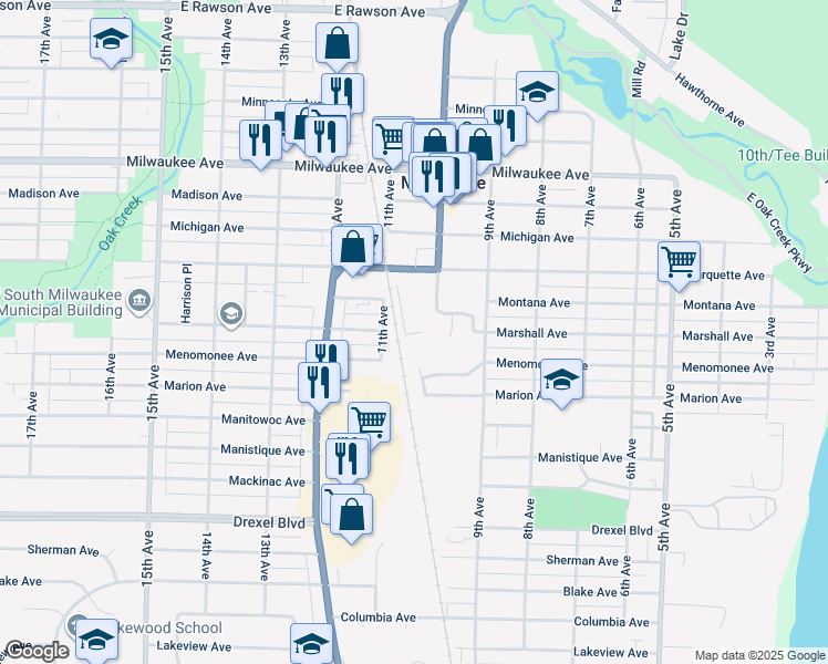 map of restaurants, bars, coffee shops, grocery stores, and more near 2501 11th Avenue in South Milwaukee