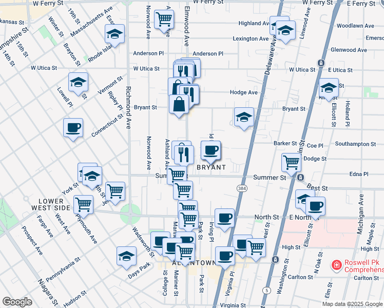 map of restaurants, bars, coffee shops, grocery stores, and more near 333 Elmwood Avenue in Buffalo