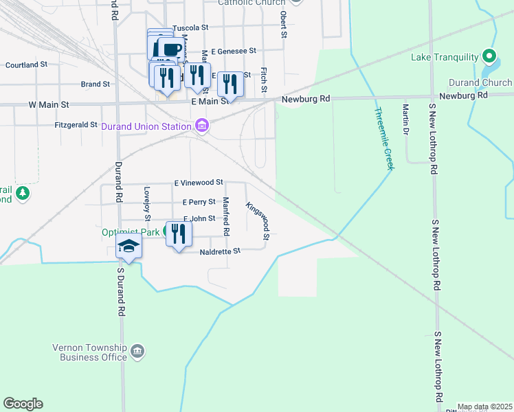map of restaurants, bars, coffee shops, grocery stores, and more near 605 Kingswood Street in Durand