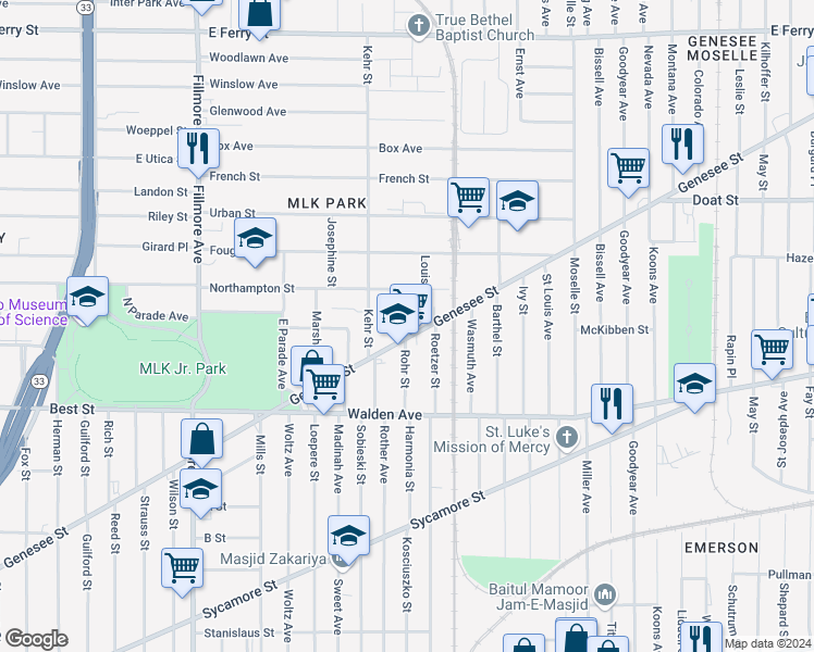 map of restaurants, bars, coffee shops, grocery stores, and more near 1320 Genesee Street in Buffalo