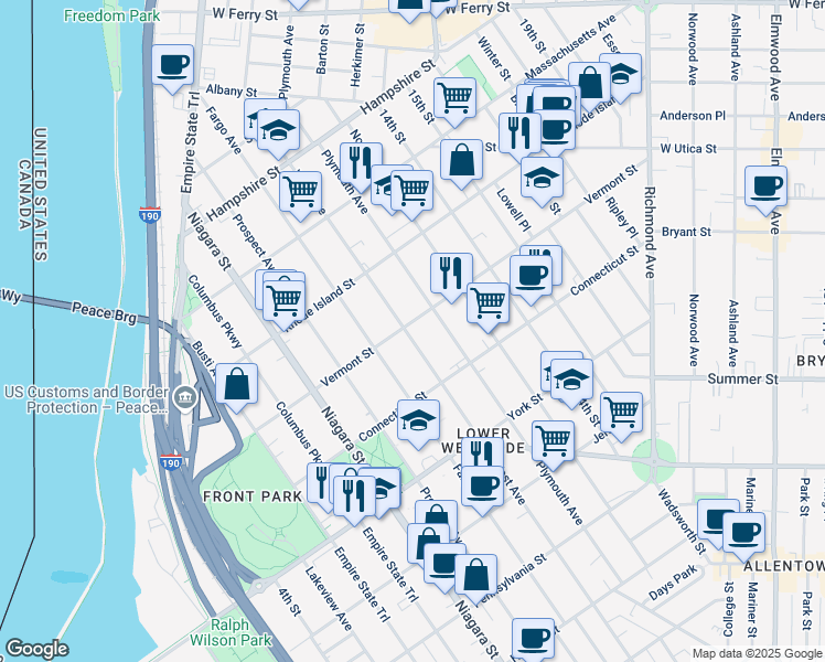 map of restaurants, bars, coffee shops, grocery stores, and more near 527 West Avenue in Buffalo