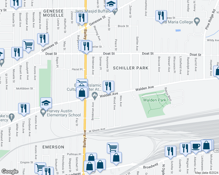 map of restaurants, bars, coffee shops, grocery stores, and more near 161 Keystone Street in Buffalo