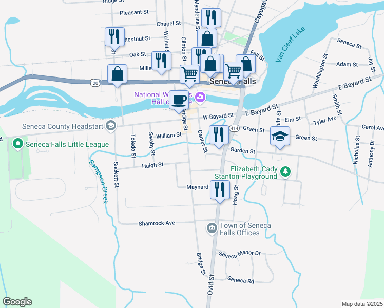 map of restaurants, bars, coffee shops, grocery stores, and more near 57 Bridge Street in Seneca Falls