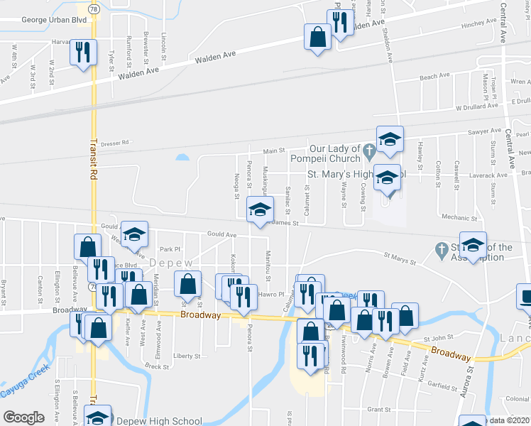 map of restaurants, bars, coffee shops, grocery stores, and more near 8 Muskingum Street in Depew