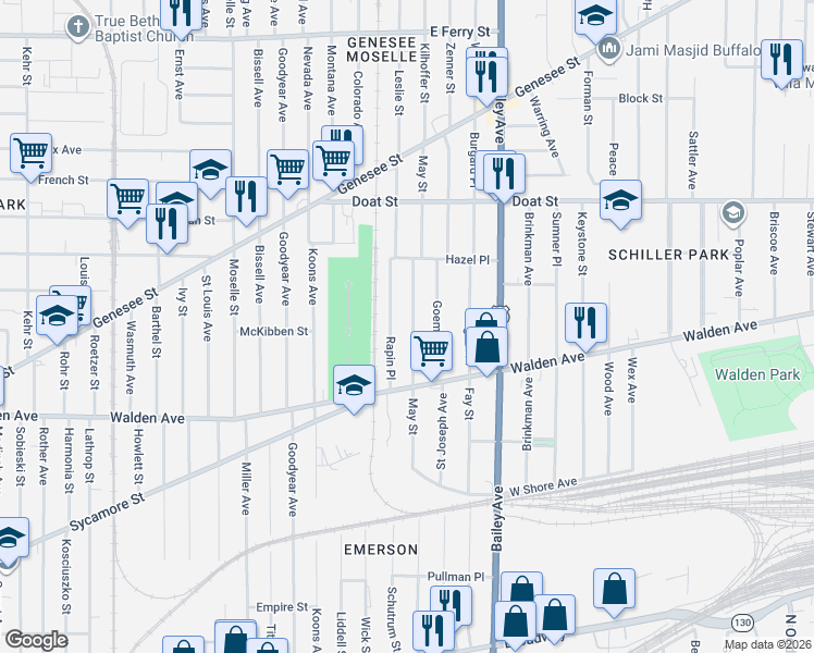 map of restaurants, bars, coffee shops, grocery stores, and more near 206 May Street in Buffalo
