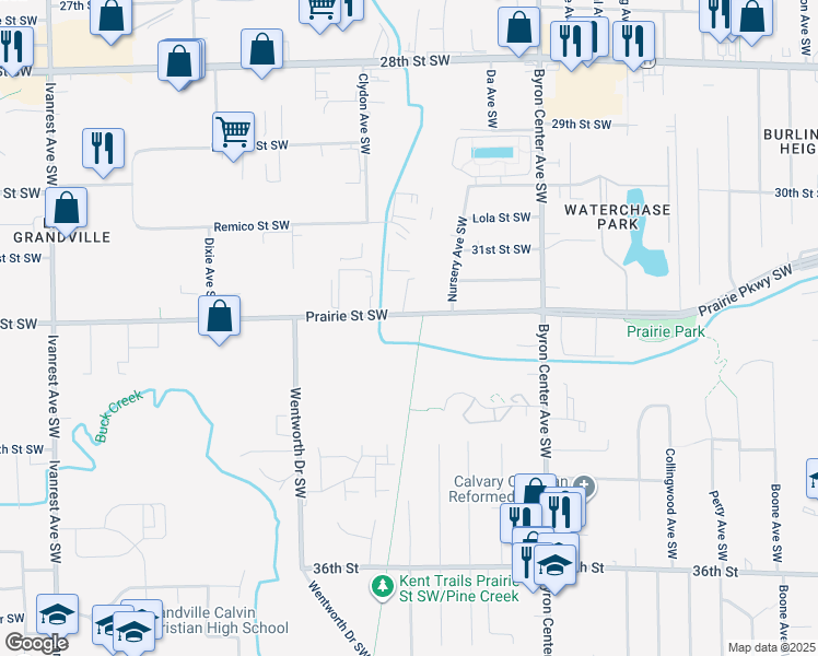 map of restaurants, bars, coffee shops, grocery stores, and more near 2630 Prairie Street Southwest in Wyoming