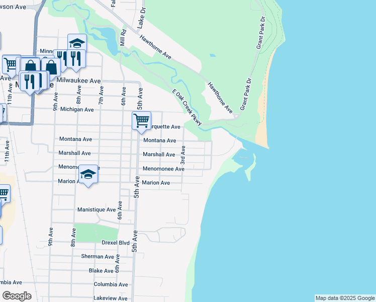map of restaurants, bars, coffee shops, grocery stores, and more near 232 Marshall Avenue in South Milwaukee