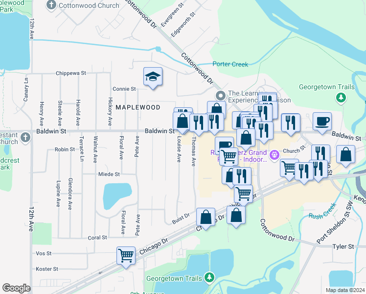 map of restaurants, bars, coffee shops, grocery stores, and more near 7550 Louise Avenue in Georgetown Township