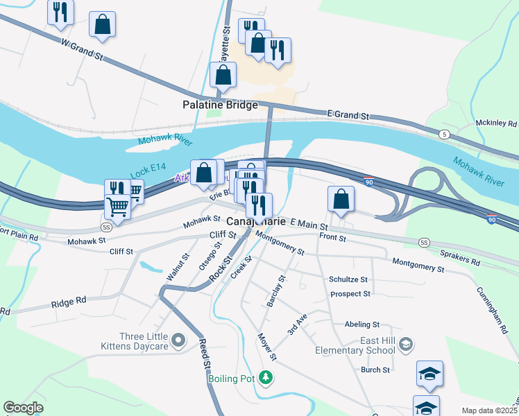 map of restaurants, bars, coffee shops, grocery stores, and more near 50 East Main Street in Canajoharie