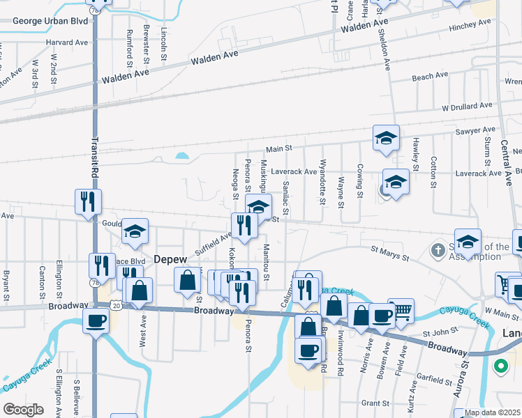 map of restaurants, bars, coffee shops, grocery stores, and more near 4 Muskingum Street in Depew