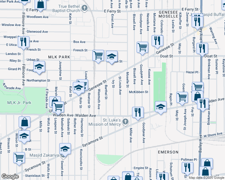 map of restaurants, bars, coffee shops, grocery stores, and more near 88 Ivy Street in Buffalo