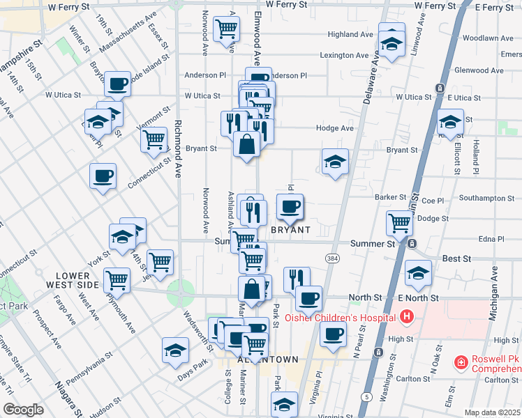 map of restaurants, bars, coffee shops, grocery stores, and more near 326 Elmwood Avenue in Buffalo