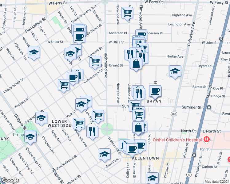 map of restaurants, bars, coffee shops, grocery stores, and more near 46 Norwood Avenue in Buffalo