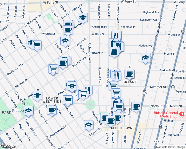 map of restaurants, bars, coffee shops, grocery stores, and more near 134 Richmond Avenue in Buffalo