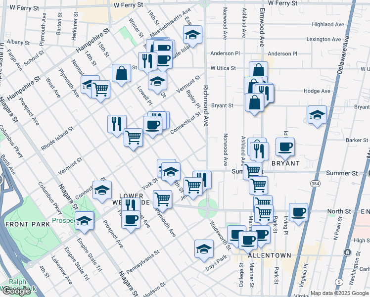 map of restaurants, bars, coffee shops, grocery stores, and more near 178 York Street in Buffalo