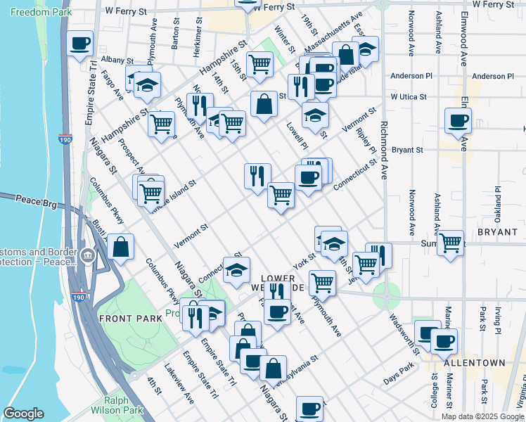map of restaurants, bars, coffee shops, grocery stores, and more near 303 Plymouth Avenue in Buffalo