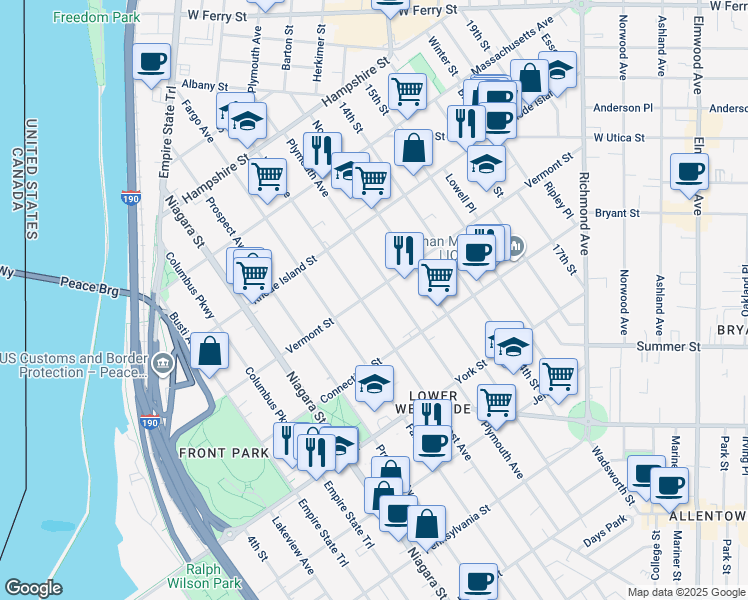 map of restaurants, bars, coffee shops, grocery stores, and more near 527 West Avenue in Buffalo