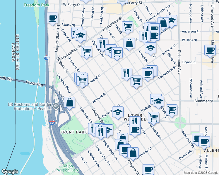 map of restaurants, bars, coffee shops, grocery stores, and more near 343 Fargo Avenue in Buffalo