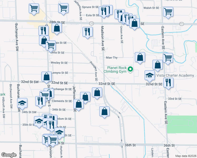 map of restaurants, bars, coffee shops, grocery stores, and more near 345 32nd Street Southeast in Grand Rapids