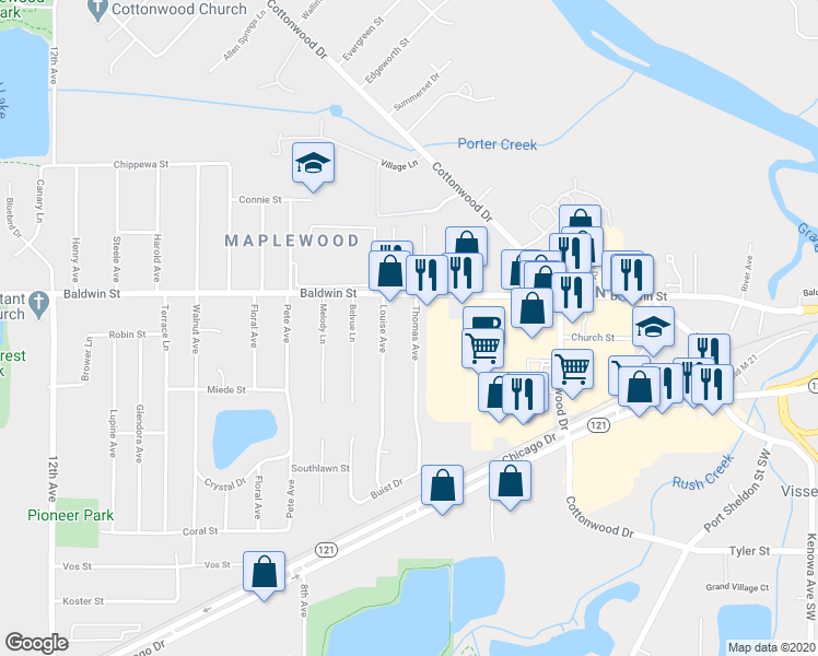 map of restaurants, bars, coffee shops, grocery stores, and more near 7533 Thomas Avenue in Georgetown Township