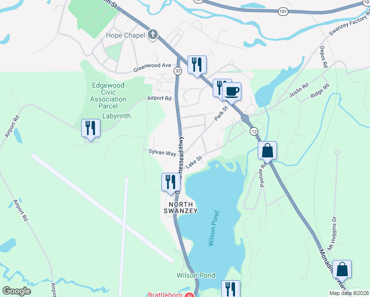 map of restaurants, bars, coffee shops, grocery stores, and more near 9 Park Street in Keene