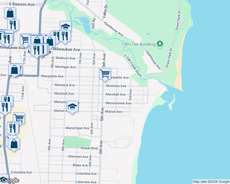 map of restaurants, bars, coffee shops, grocery stores, and more near 410 Marshall Avenue in South Milwaukee