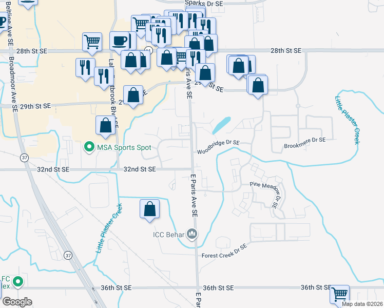 map of restaurants, bars, coffee shops, grocery stores, and more near 3140 East Paris Avenue Southeast in Kentwood