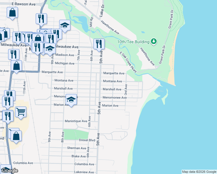 map of restaurants, bars, coffee shops, grocery stores, and more near 410 Marshall Avenue in South Milwaukee
