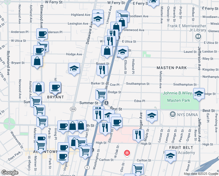 map of restaurants, bars, coffee shops, grocery stores, and more near 1195 Main Street in Buffalo