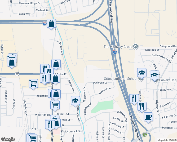 map of restaurants, bars, coffee shops, grocery stores, and more near 1620-1698 Eastpointe Drive in Pocatello