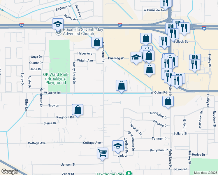 map of restaurants, bars, coffee shops, grocery stores, and more near 4010 Hawthorne Road in Pocatello