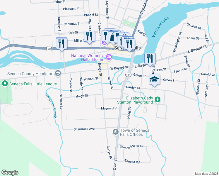 map of restaurants, bars, coffee shops, grocery stores, and more near 57 Bridge Street in Seneca Falls